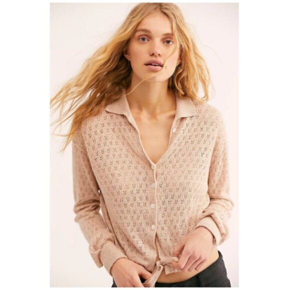 Free People Betty Button Down Tie-Front Pointelle Collared Sweater Size L - Picture 1 of 10
